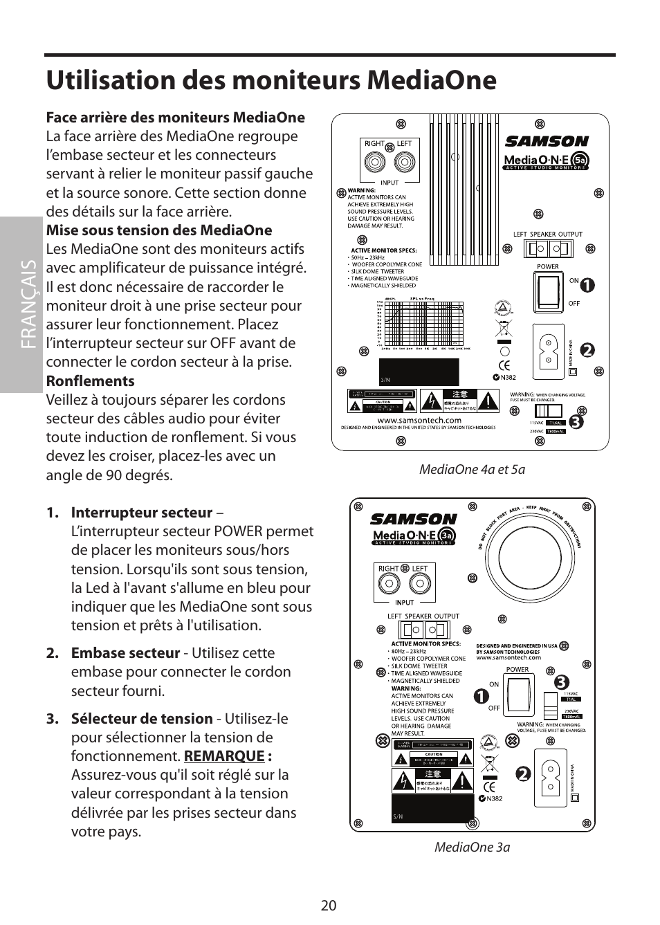Utilisation des moniteurs mediaone, Face arrière des moniteurs mediaone, Fr anç ais | Samson MediaOne 3a User Manual | Page 26 / 72