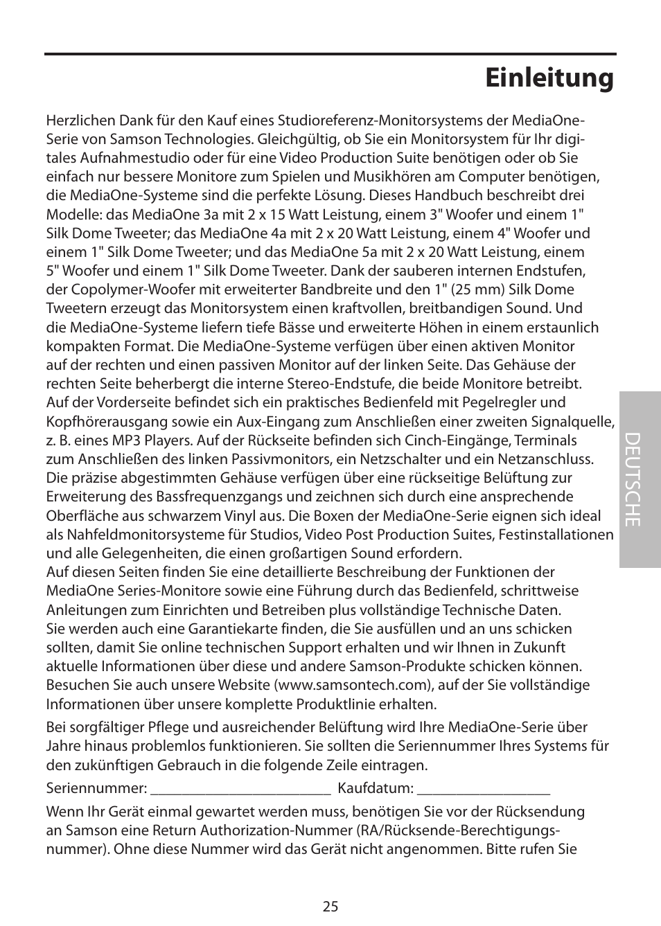 Einleitung, Deut sche | Samson MediaOne 3a User Manual | Page 31 / 72