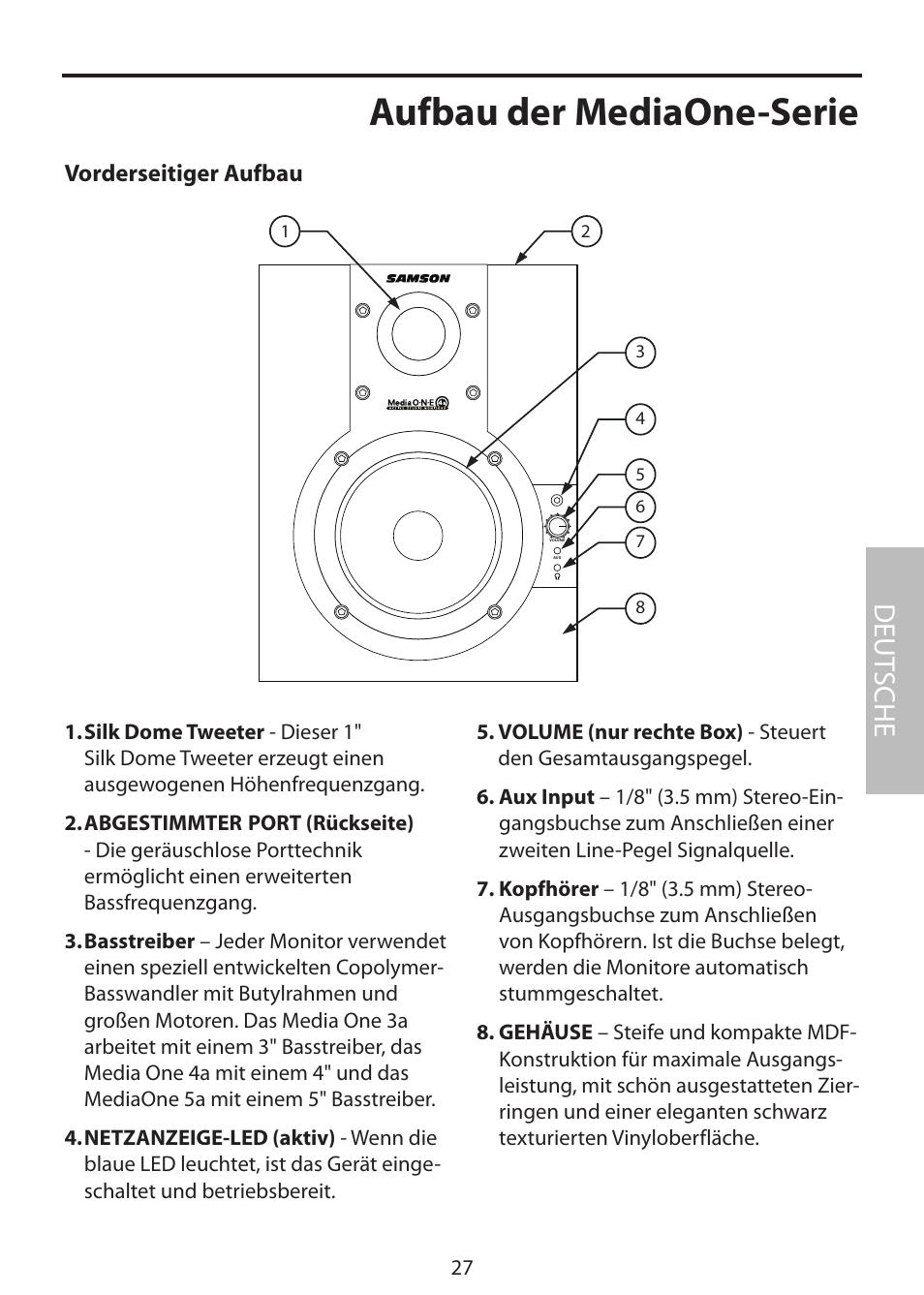 Vorderseitiger aufbau, Aufbau der mediaone-serie, Deut sche | Samson MediaOne 3a User Manual | Page 33 / 72