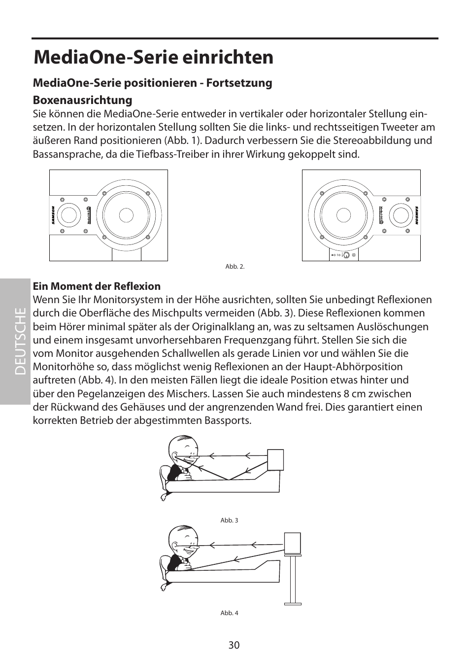 Mediaone-serie einrichten, Deut sche, Boxenausrichtung | Mediaone-serie positionieren - fortsetzung | Samson MediaOne 3a User Manual | Page 36 / 72