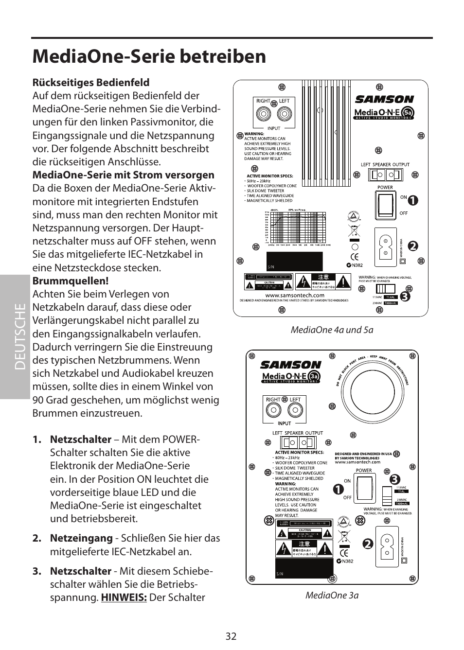 Mediaone-serie betreiben, Rückseitiges bedienfeld, Deut sche | Samson MediaOne 3a User Manual | Page 38 / 72
