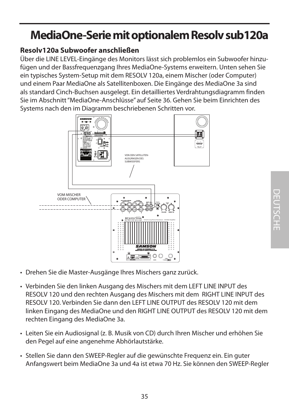 Resolv120a subwoofer anschließen, Mediaone-serie mit optionalem resolv sub120a, Deut sche | Samson MediaOne 3a User Manual | Page 41 / 72