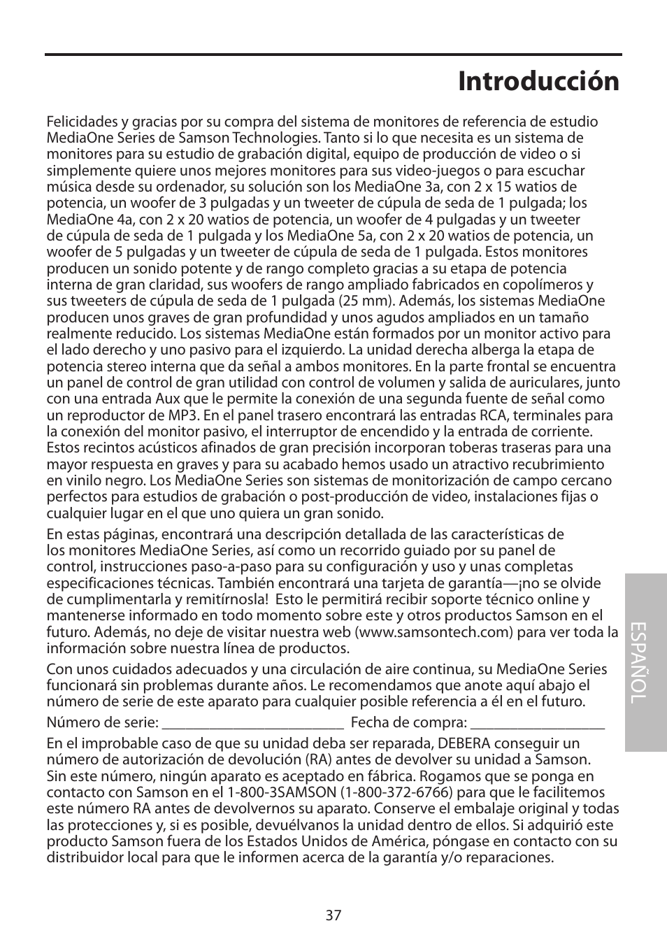 Introducción, Esp añol | Samson MediaOne 3a User Manual | Page 43 / 72