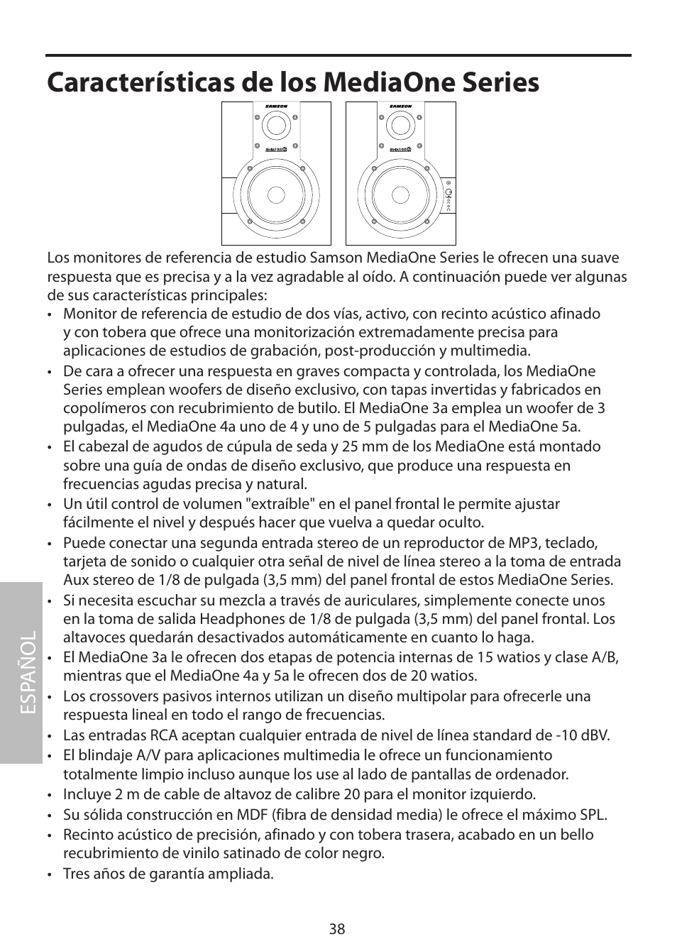 Características de los mediaone series, Esp añol | Samson MediaOne 3a User Manual | Page 44 / 72