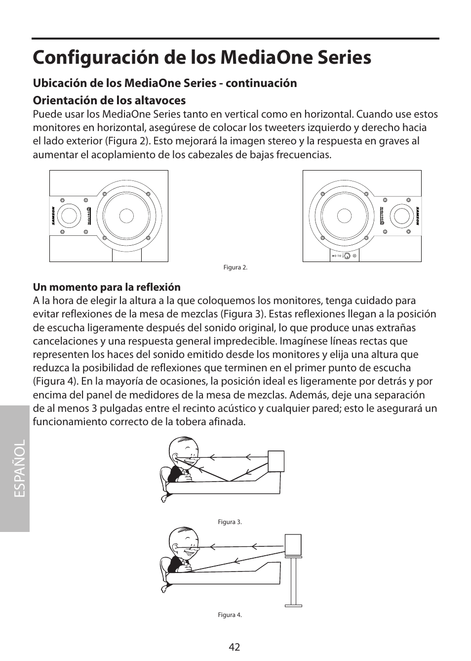 Configuración de los mediaone series, Esp añol, Orientación de los altavoces | Ubicación de los mediaone series - continuación | Samson MediaOne 3a User Manual | Page 48 / 72