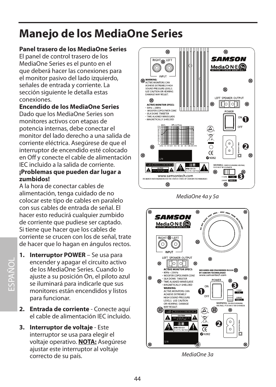 Manejo de los mediaone series, Panel trasero de los mediaone series, Esp añol | Samson MediaOne 3a User Manual | Page 50 / 72