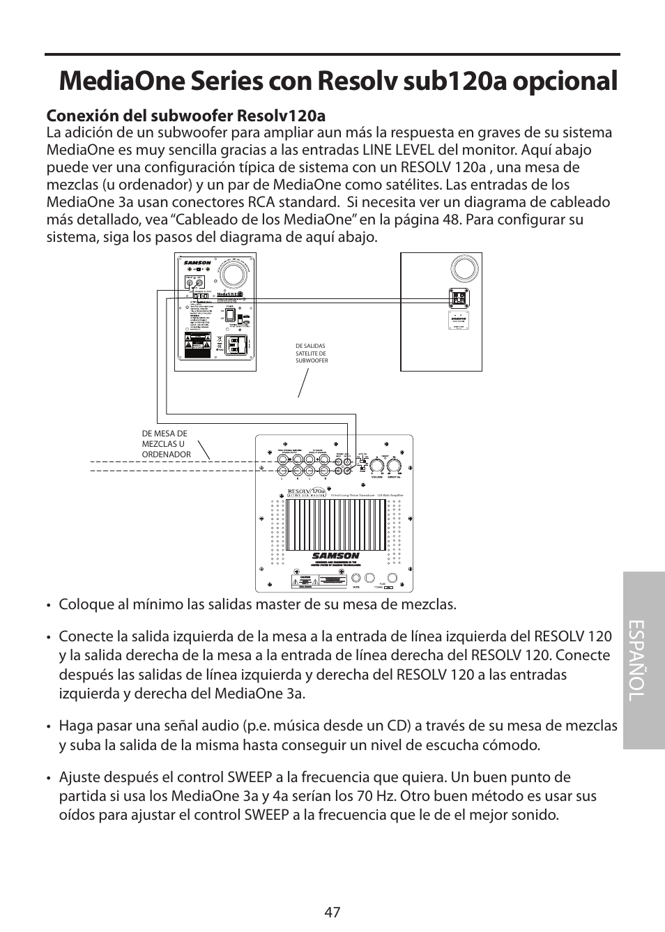 Conexión del subwoofer resolv120a, Mediaone series con resolv sub120a opcional, Esp añol | Samson MediaOne 3a User Manual | Page 53 / 72