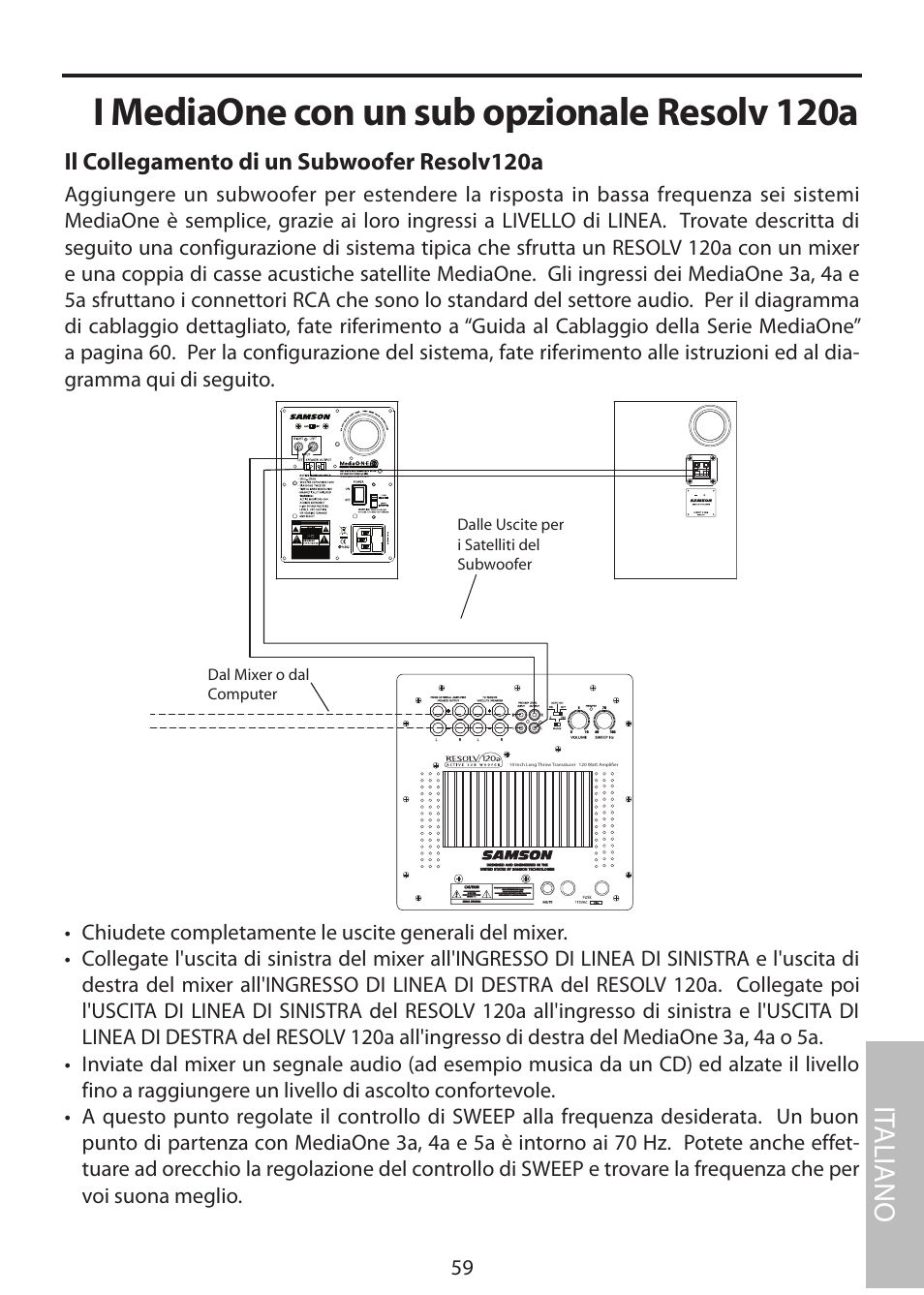 Il collegamento di un subwoofer resolv120a, I mediaone con un sub opzionale resolv 120a, It aliano | Samson MediaOne 3a User Manual | Page 65 / 72
