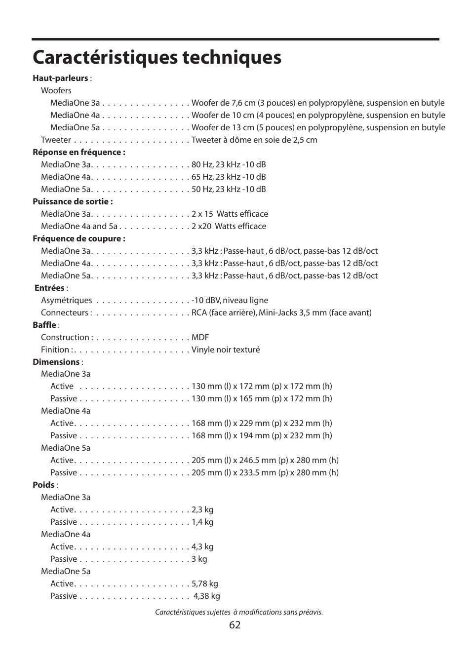 Caractéristiques techniques | Samson MediaOne 3a User Manual | Page 68 / 72