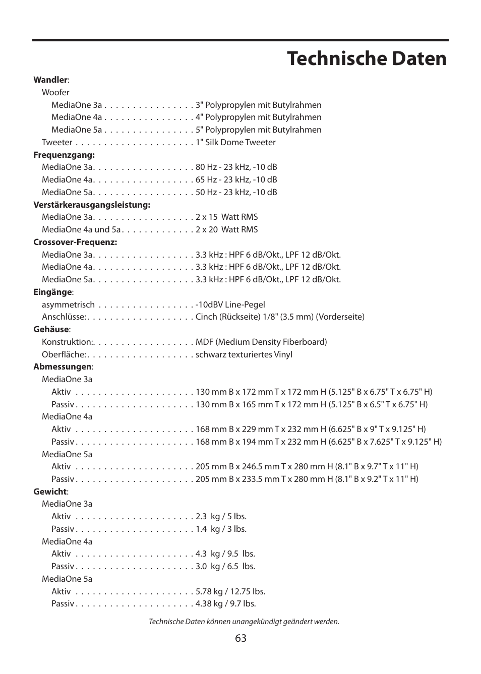 Technische daten | Samson MediaOne 3a User Manual | Page 69 / 72