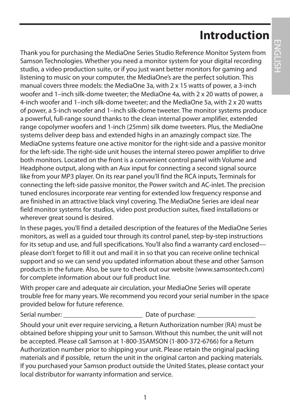 Introduction, English | Samson MediaOne 3a User Manual | Page 7 / 72