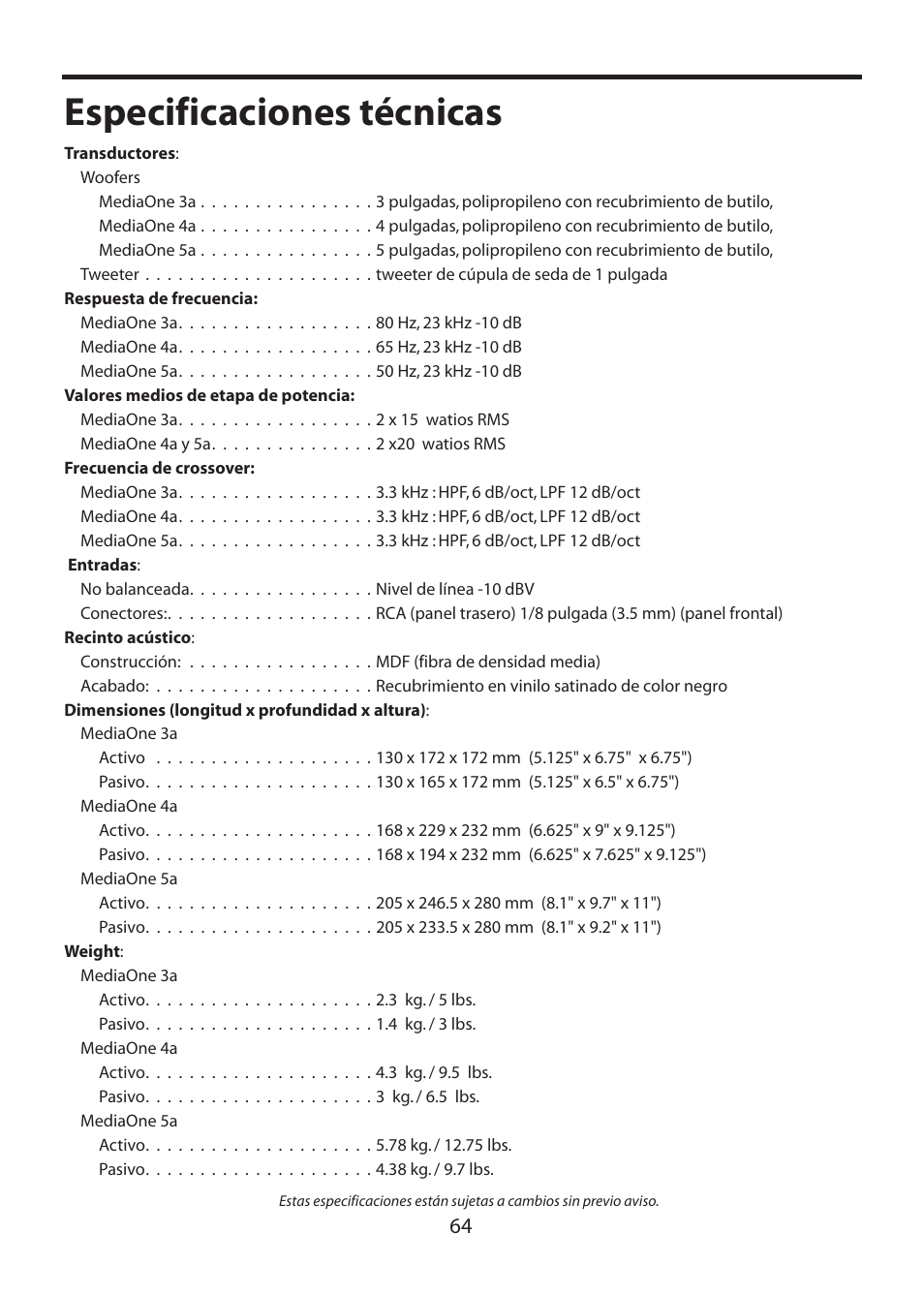 Especificaciones técnicas | Samson MediaOne 3a User Manual | Page 70 / 72