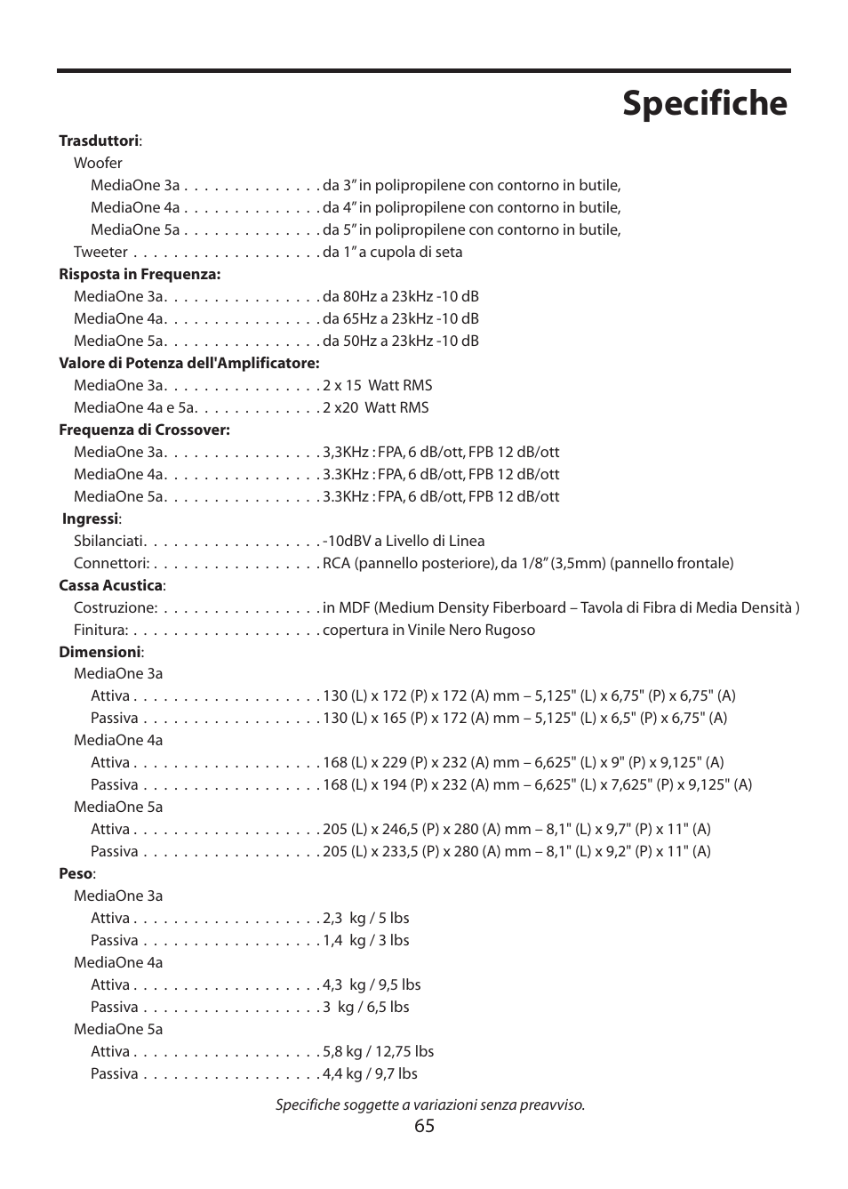 Specifiche | Samson MediaOne 3a User Manual | Page 71 / 72
