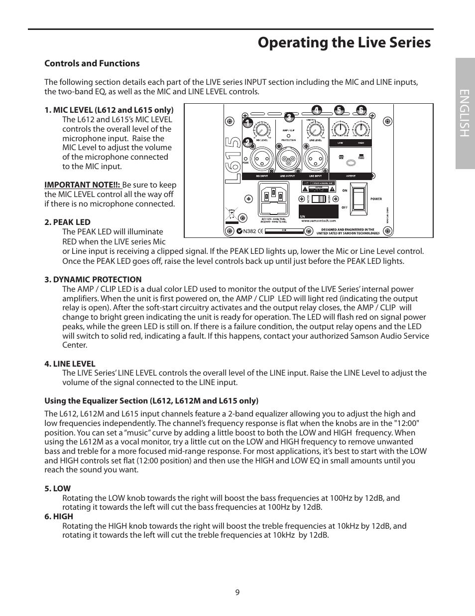 Operating the live series, English | Samson L1215 User Manual | Page 13 / 76