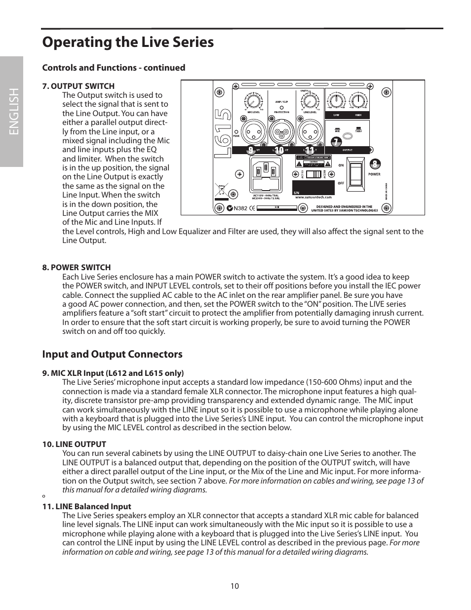 Operating the live series, English, Input and output connectors | Samson L1215 User Manual | Page 14 / 76
