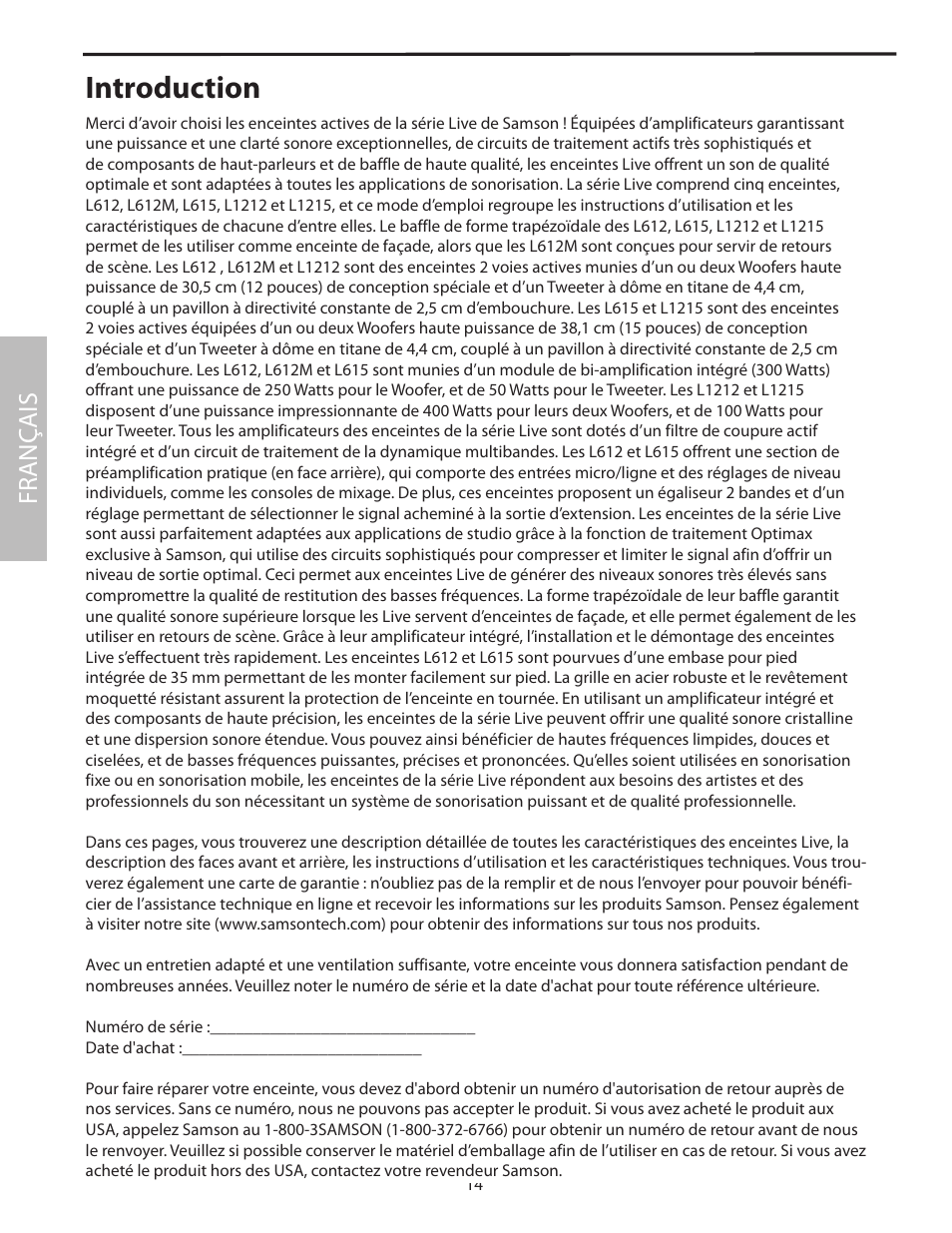 Introduction, Fr anç ais | Samson L1215 User Manual | Page 18 / 76