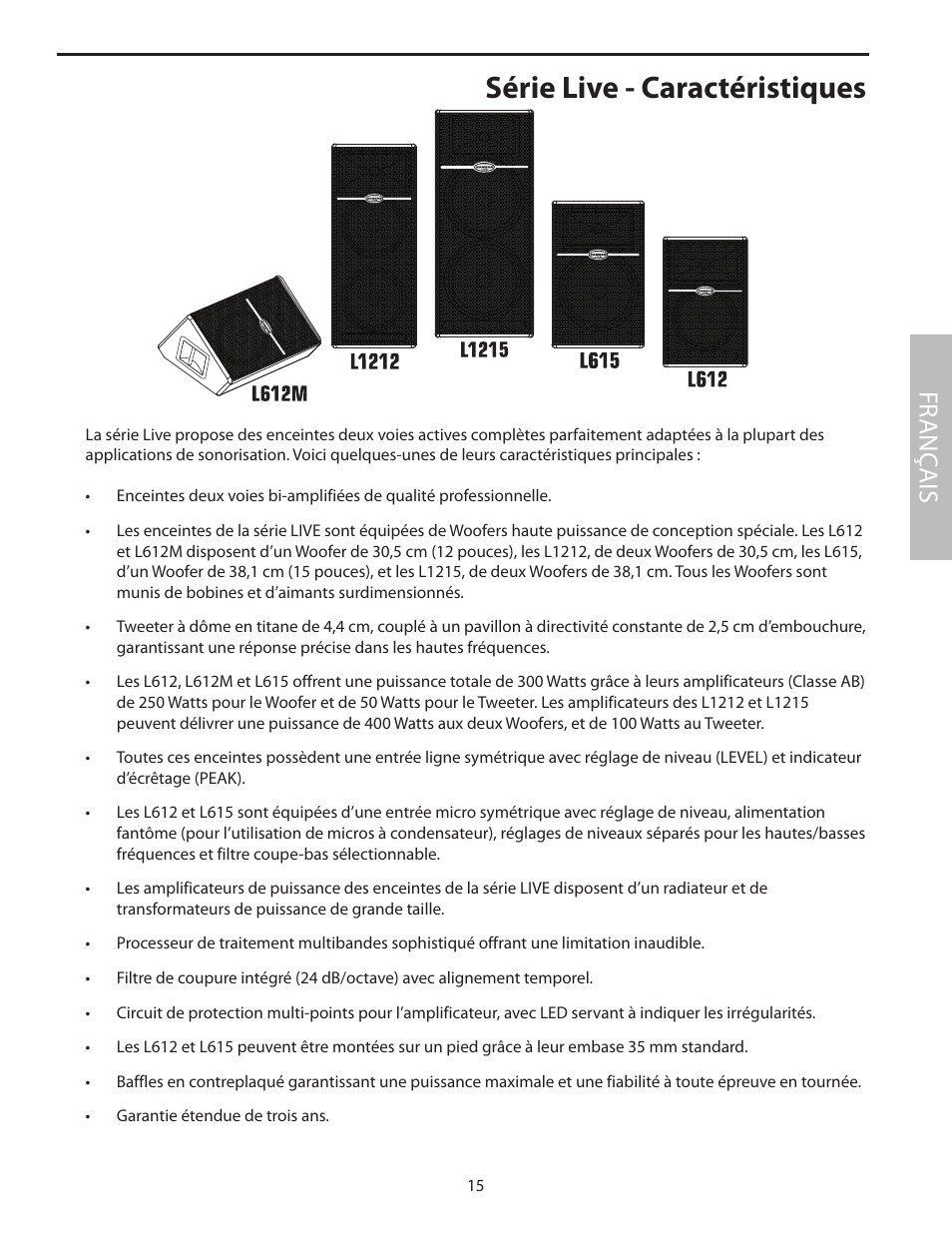 Série live - caractéristiques, Fr anç ais | Samson L1215 User Manual | Page 19 / 76