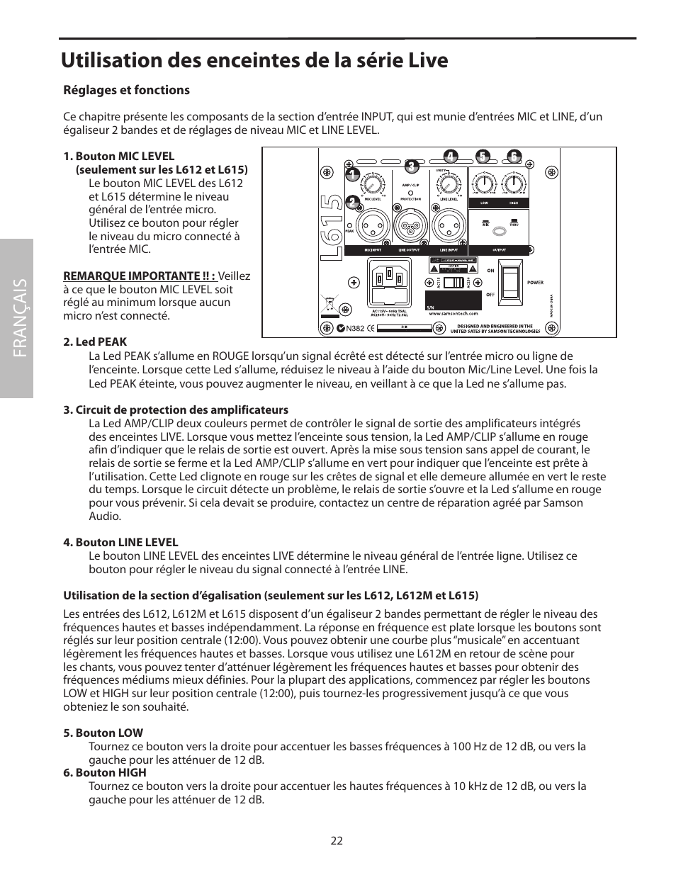 Utilisation des enceintes de la série live, Fr anç ais | Samson L1215 User Manual | Page 26 / 76