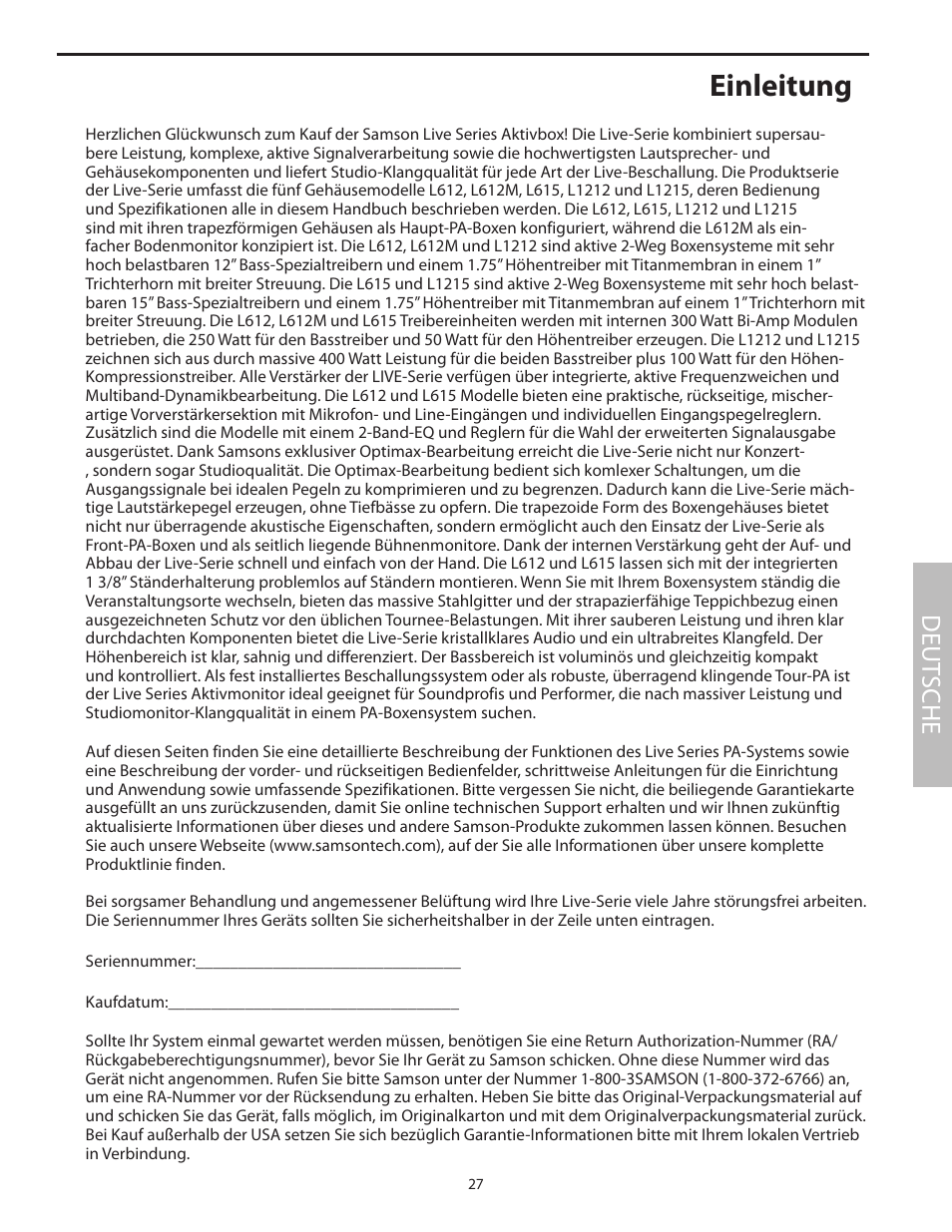 Einleitung, Deut sche | Samson L1215 User Manual | Page 31 / 76