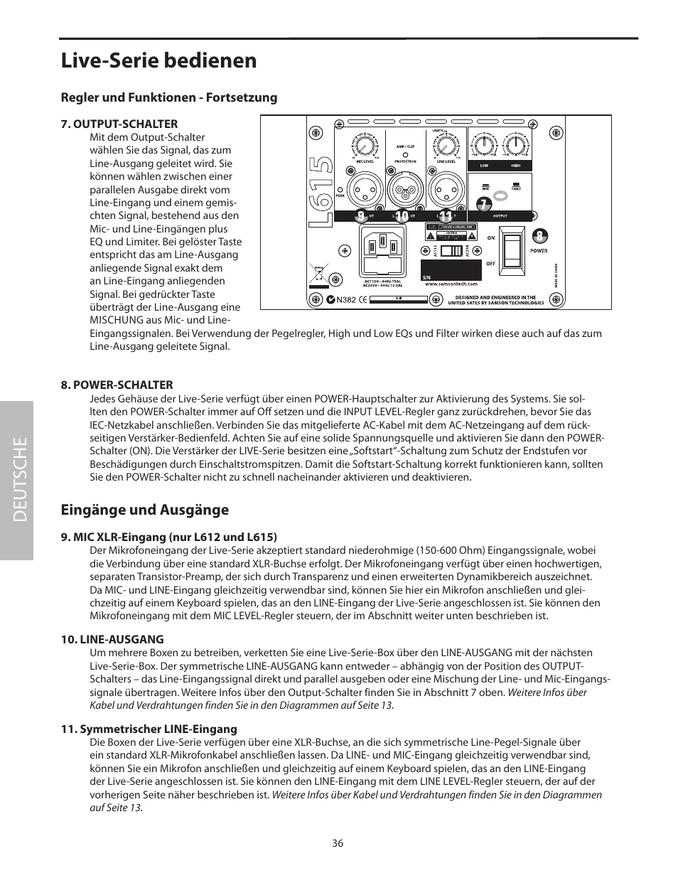 Live-serie bedienen, Deut sche, Eingänge und ausgänge | Samson L1215 User Manual | Page 40 / 76