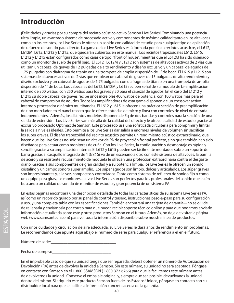 Introducción, Esp añol | Samson L1215 User Manual | Page 44 / 76