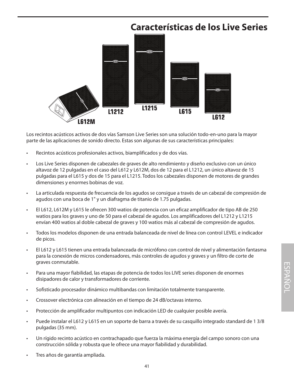 Características de los live series, Esp añol | Samson L1215 User Manual | Page 45 / 76