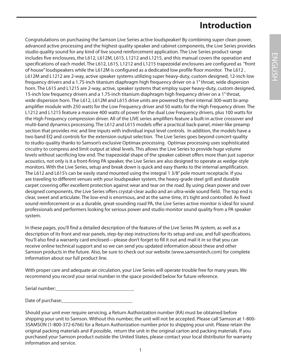 Introduction, English | Samson L1215 User Manual | Page 5 / 76