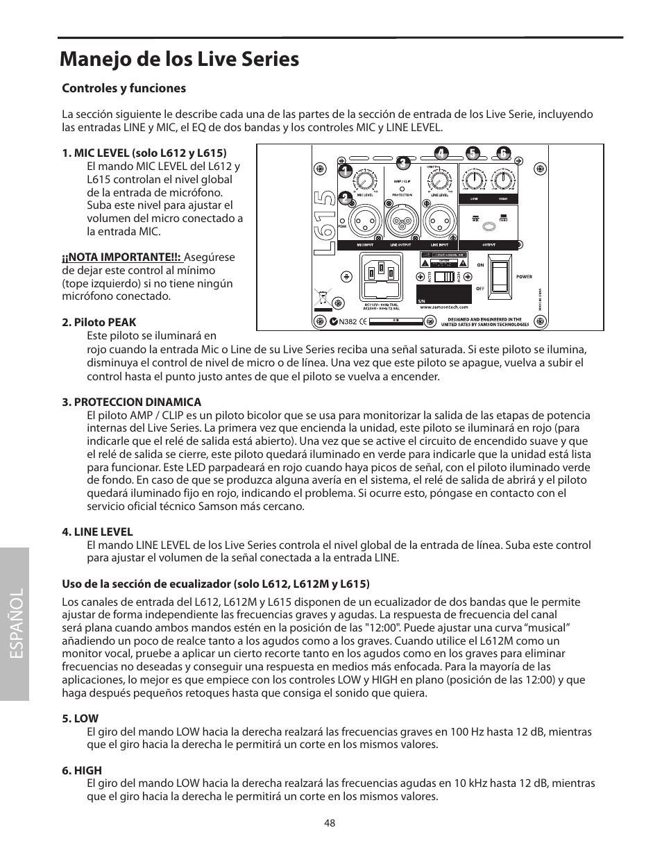 Manejo de los live series, Esp añol | Samson L1215 User Manual | Page 52 / 76