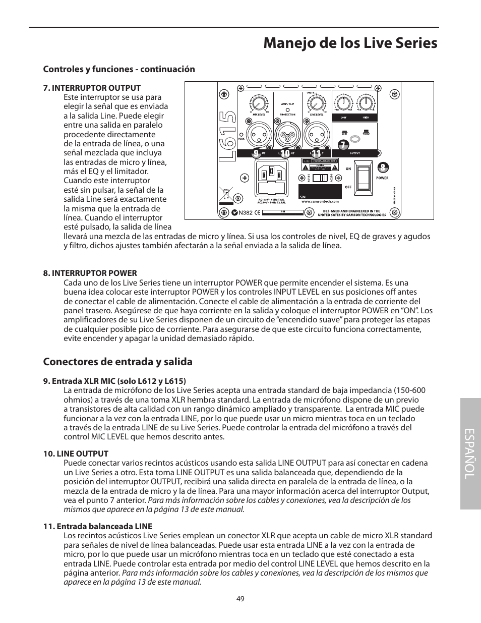 Manejo de los live series, Esp añol, Conectores de entrada y salida | Samson L1215 User Manual | Page 53 / 76