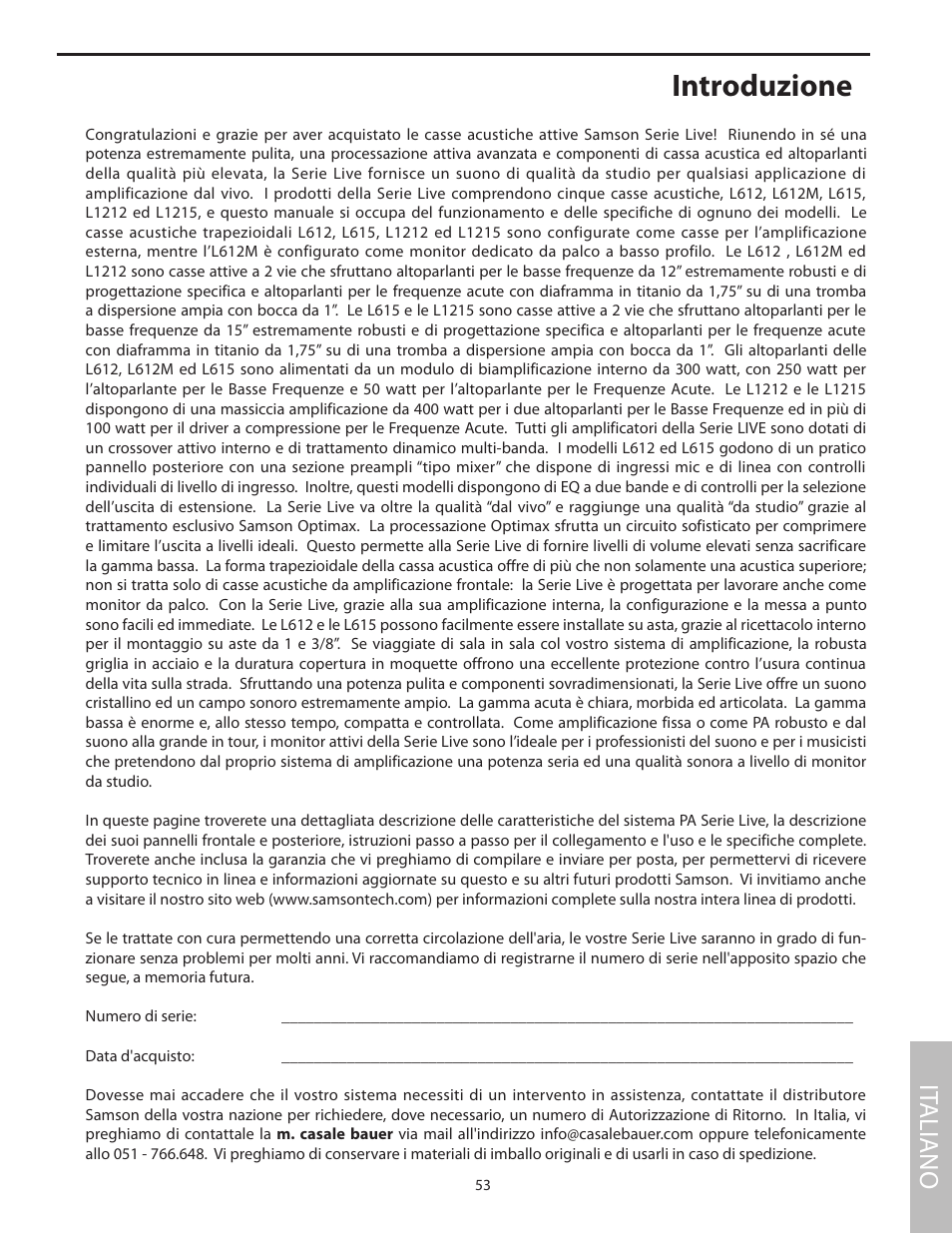 Introduzione, It aliano | Samson L1215 User Manual | Page 57 / 76