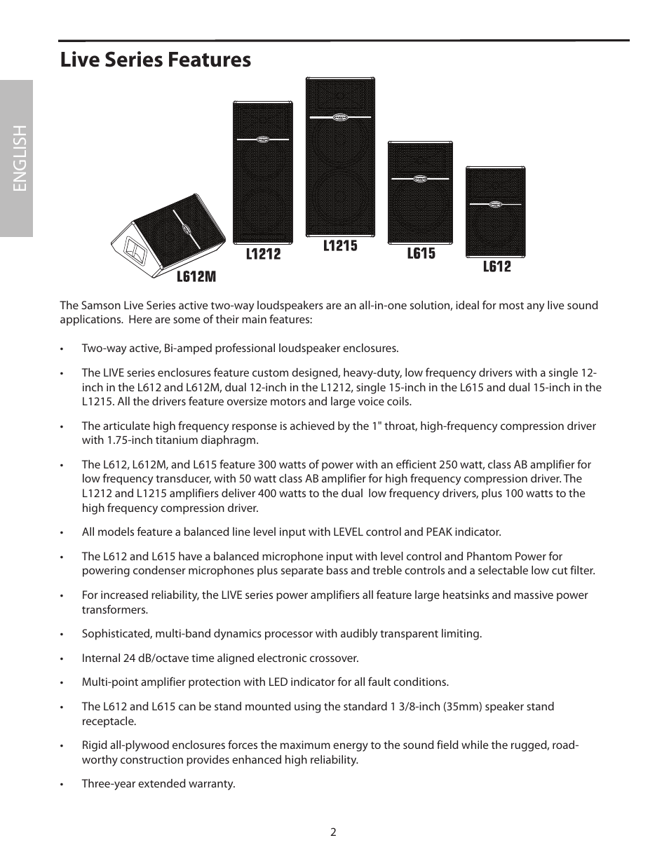 Live series features, English | Samson L1215 User Manual | Page 6 / 76