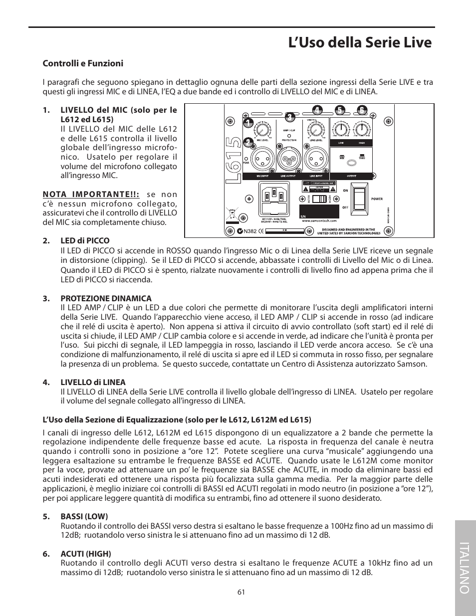 L’uso della serie live, It aliano | Samson L1215 User Manual | Page 65 / 76