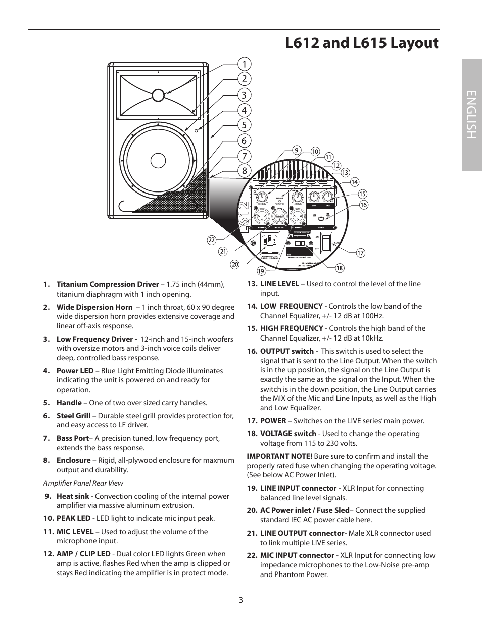 L612 and l615 layout, English | Samson L1215 User Manual | Page 7 / 76