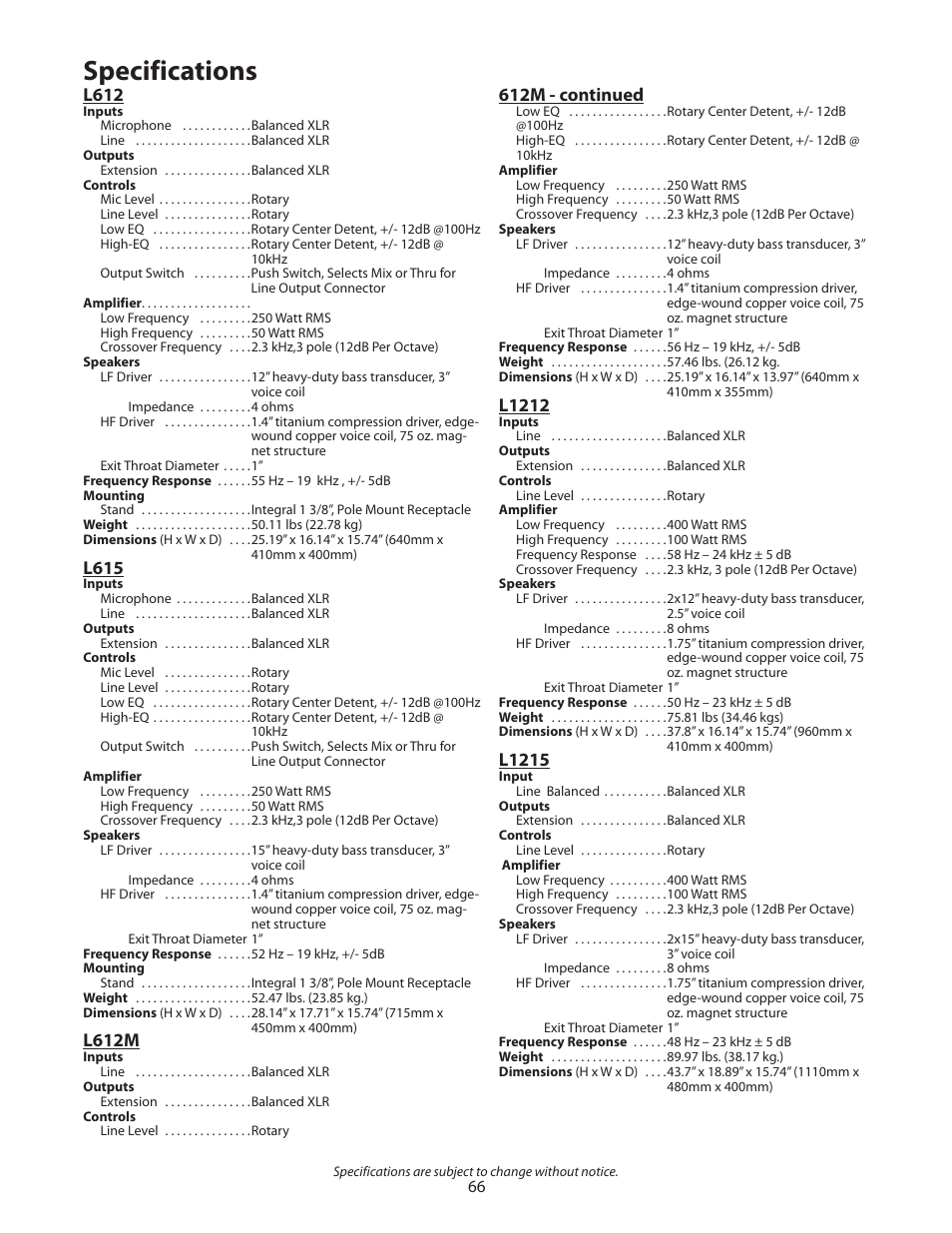 Specifications, L612, L615 | L612m, 612m - continued, L1212, L1215 | Samson L1215 User Manual | Page 70 / 76