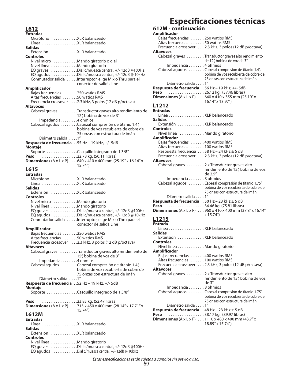 Especificaciones técnicas, L612, L615 | L612m, 612m - continuación, L1212, L1215 | Samson L1215 User Manual | Page 73 / 76