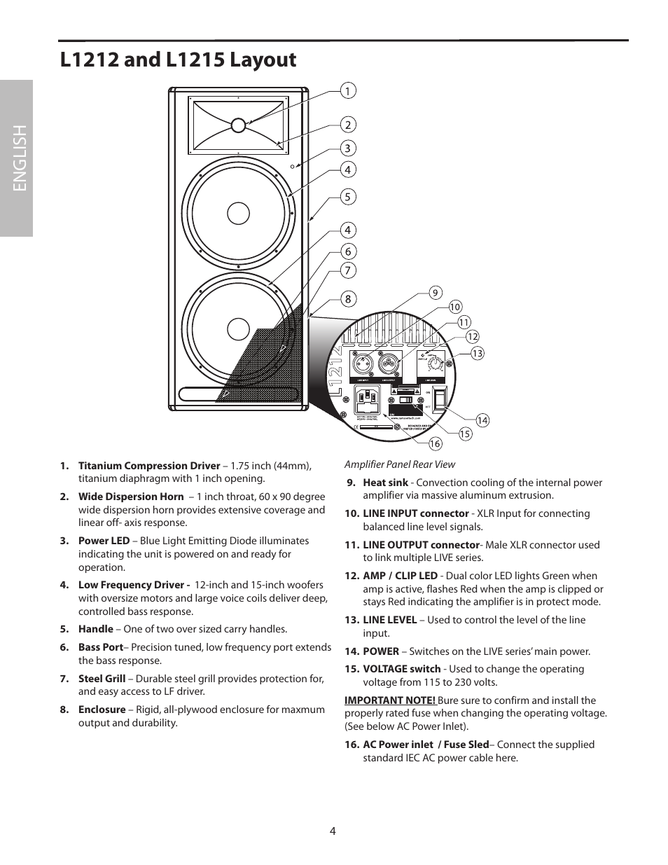 L1212 and l1215 layout, English | Samson L1215 User Manual | Page 8 / 76