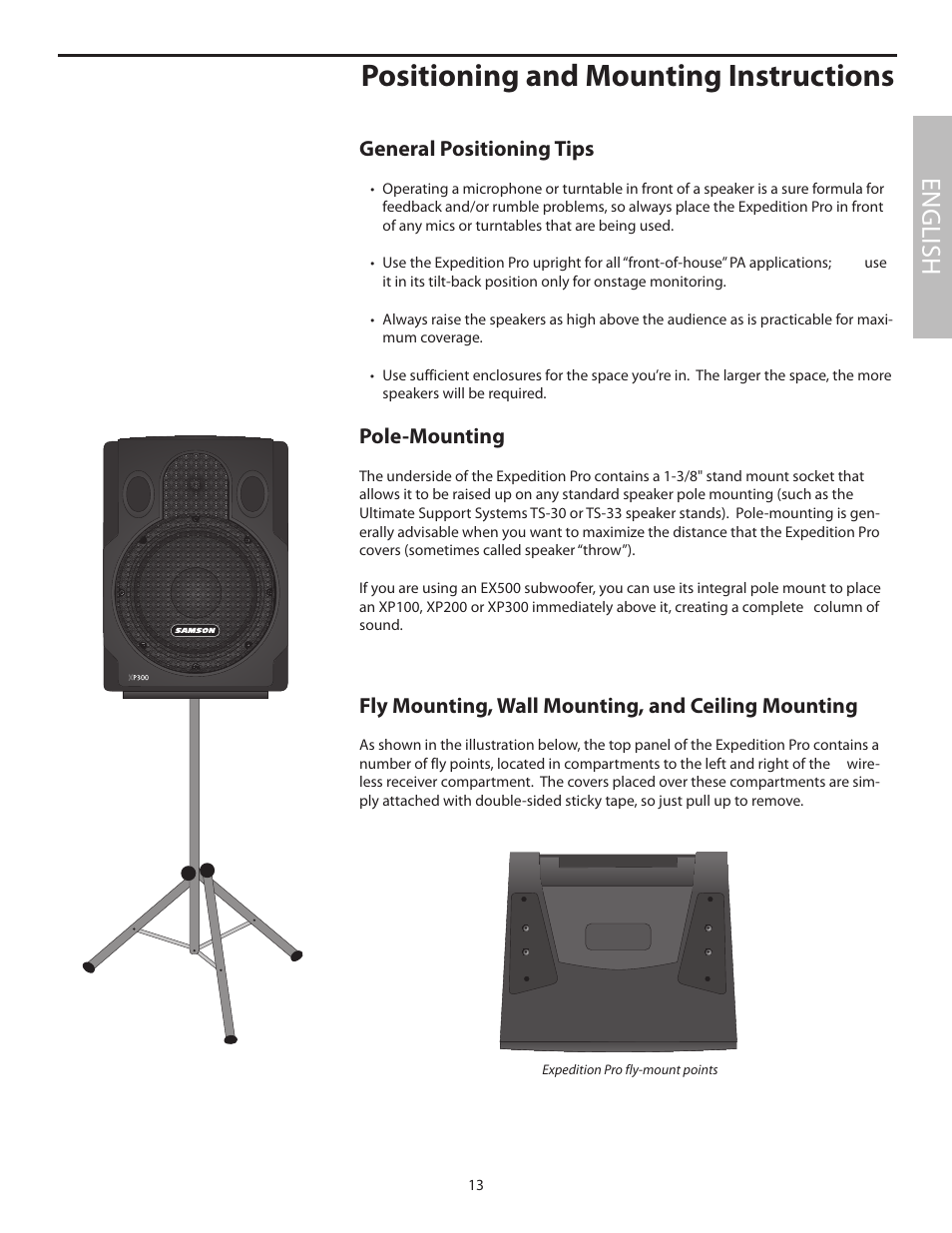 Positioning and mounting instructions, English, General positioning tips | Pole-mounting, Fly mounting, wall mounting, and ceiling mounting | Samson XP100 User Manual | Page 15 / 60
