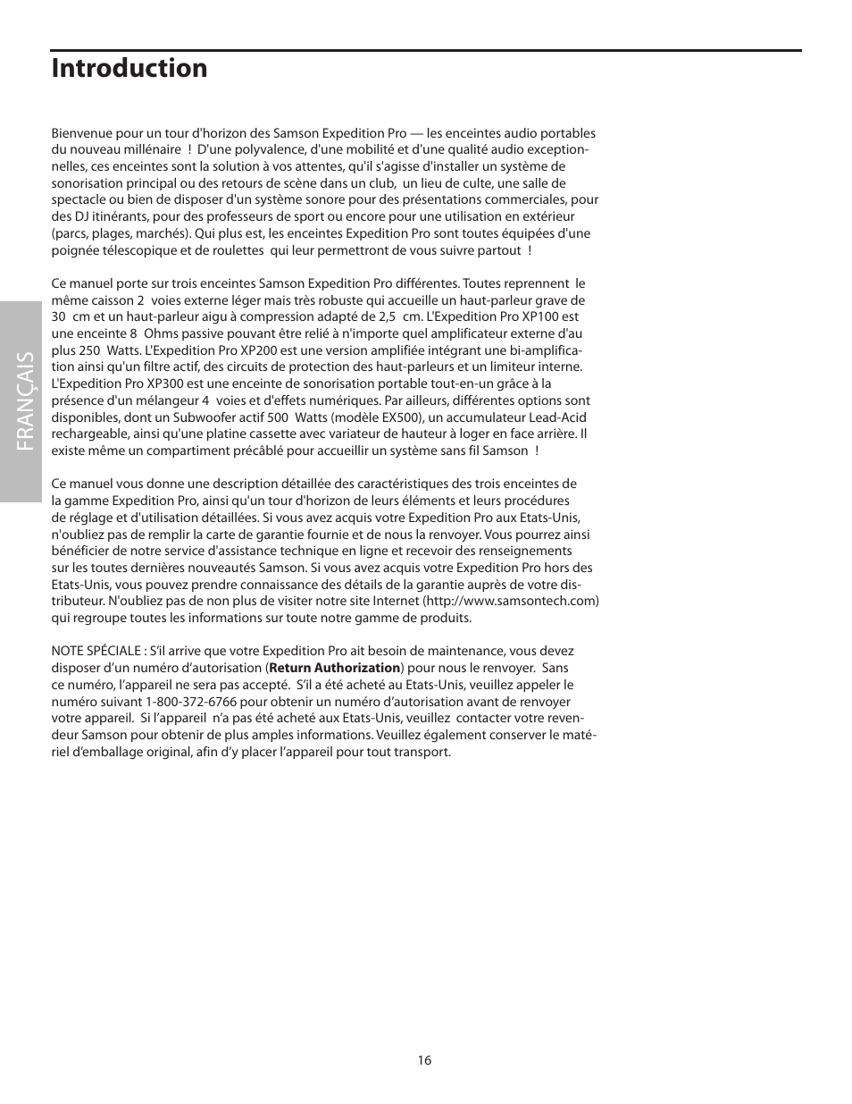 Français, Introduction, Fr anç ais | Samson XP100 User Manual | Page 18 / 60