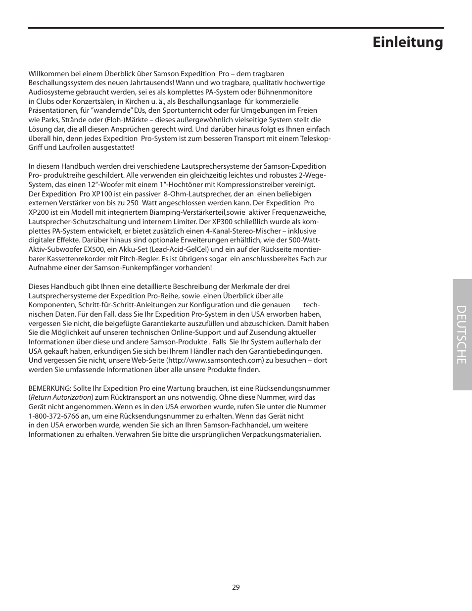 Deutsche, Einleitung, Deut sche | Samson XP100 User Manual | Page 31 / 60