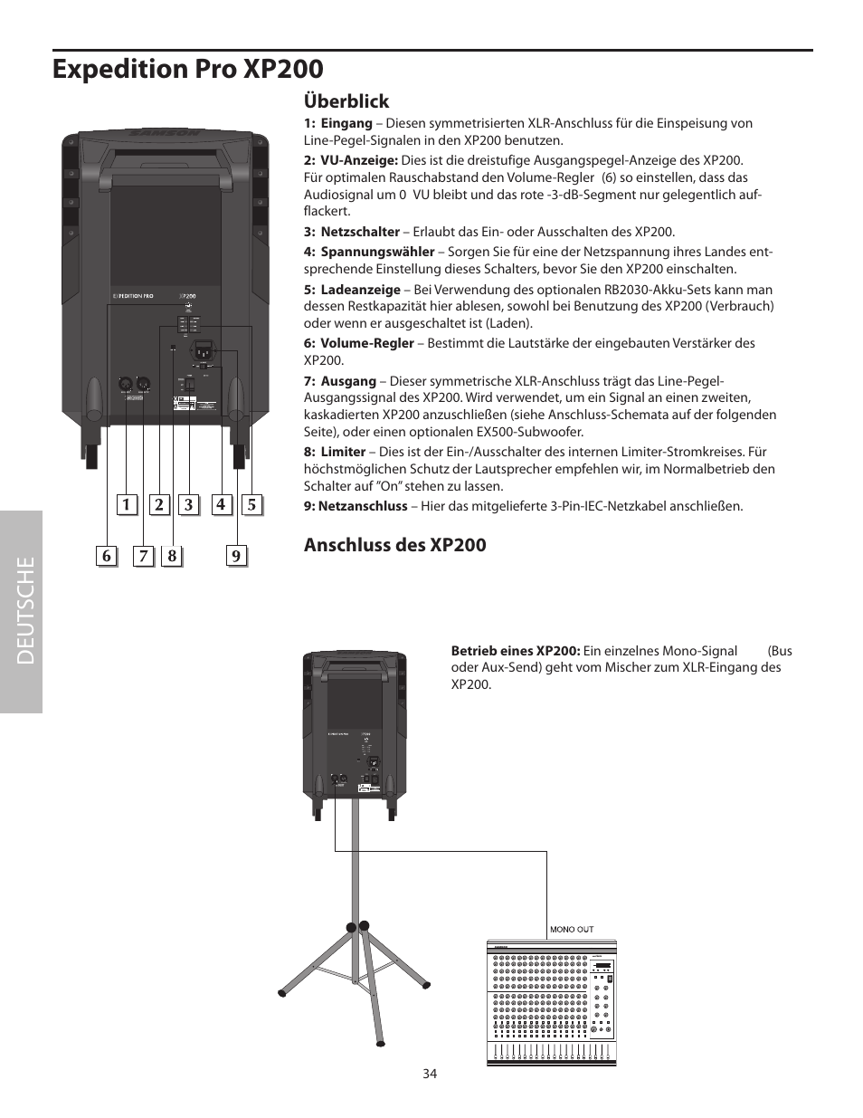 Expedition pro xp200, Deut sche, Überblick | Anschluss des xp200 | Samson XP100 User Manual | Page 36 / 60