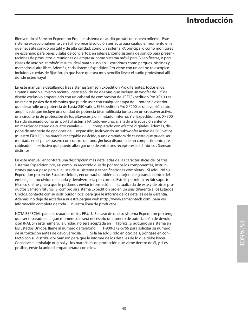 Español, Introducción, Esp añol | Samson XP100 User Manual | Page 45 / 60
