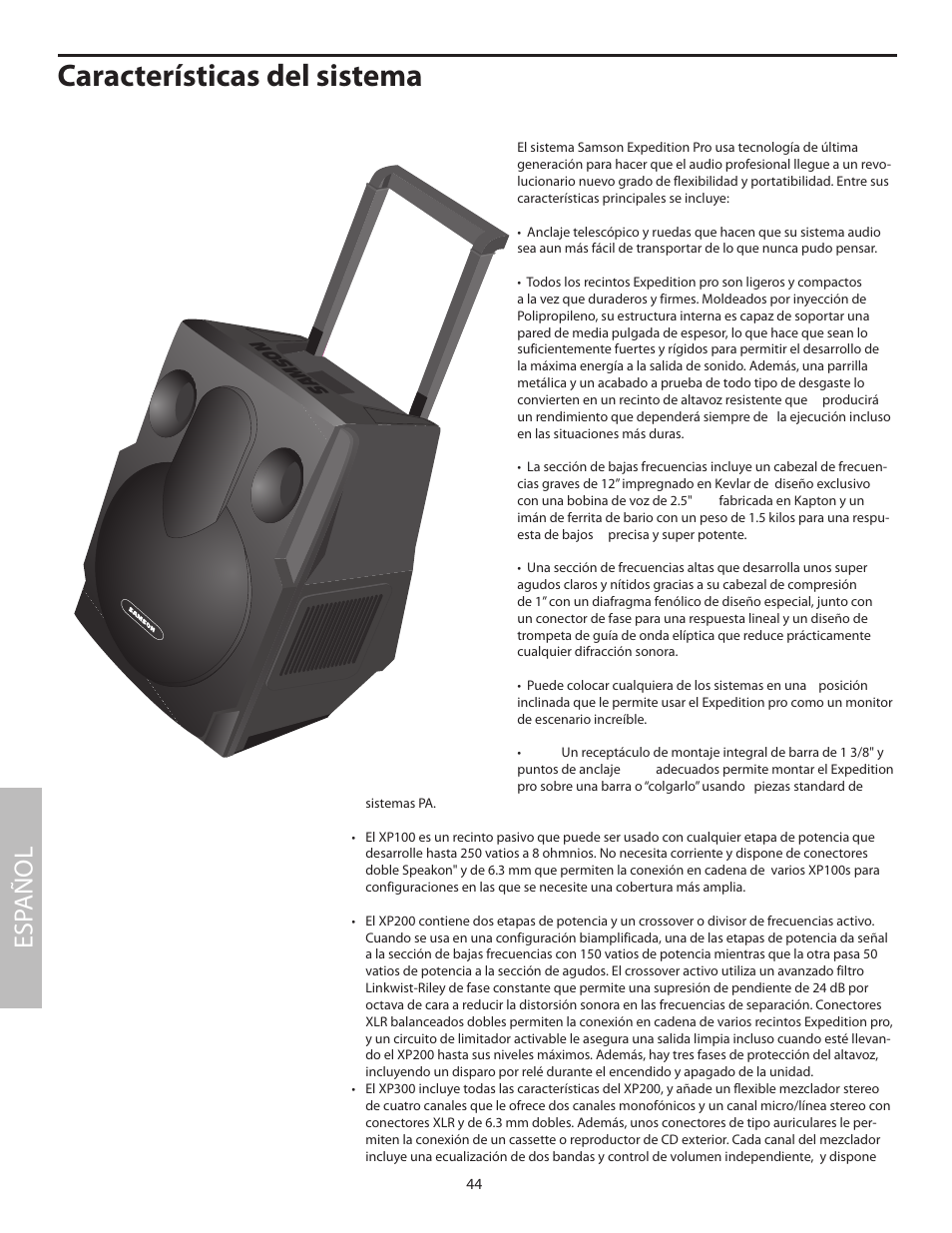Características del sistema, Esp añol | Samson XP100 User Manual | Page 46 / 60