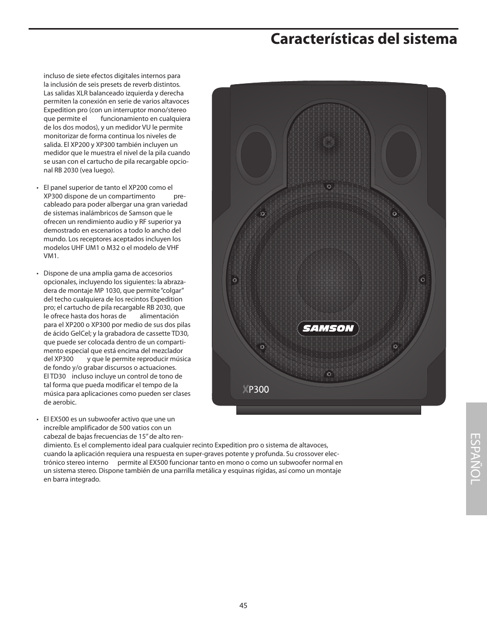 Características del sistema, Esp añol | Samson XP100 User Manual | Page 47 / 60