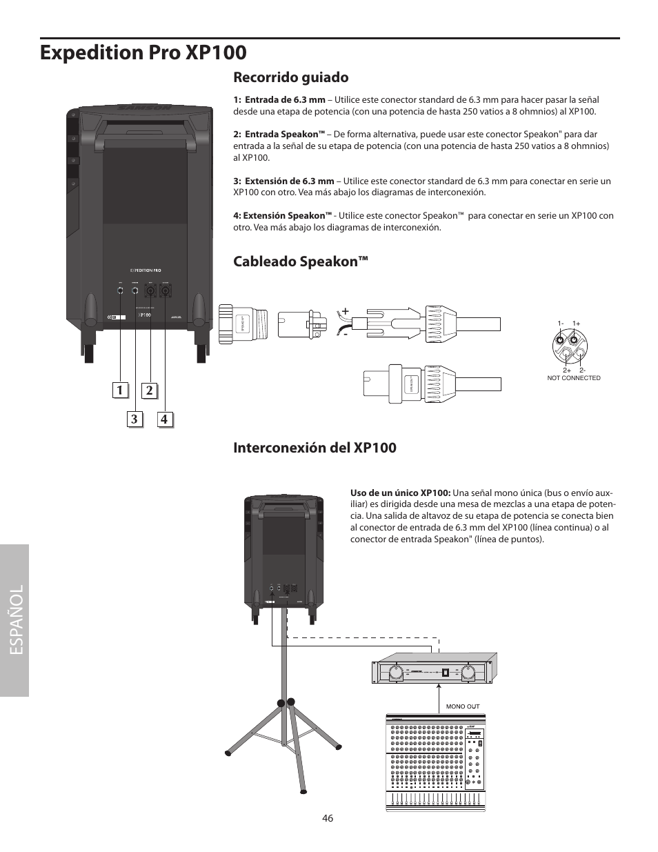 Expedition pro xp100, Esp añol, Recorrido guiado | Cableado speakon™ interconexión del xp100 | Samson XP100 User Manual | Page 48 / 60