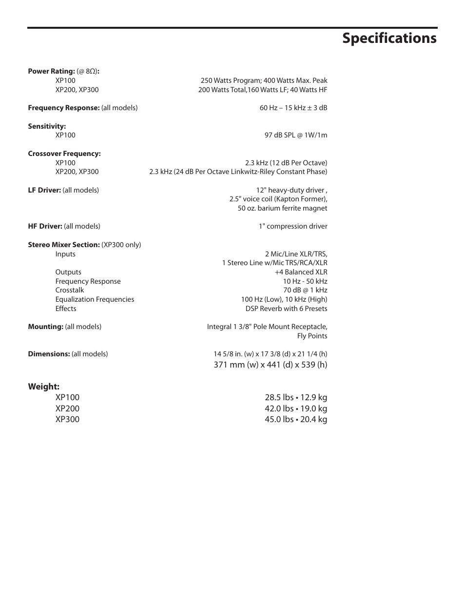 Specifications | Samson XP100 User Manual | Page 59 / 60