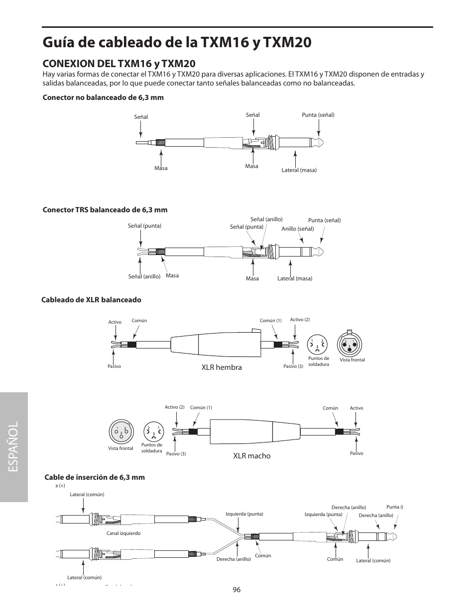 Guía de cableado de la txm16 y txm20, Esp añol, Conexion del txm16 y txm20 | Xlr hembra xlr macho | Samson Txm16 User Manual | Page 100 / 132
