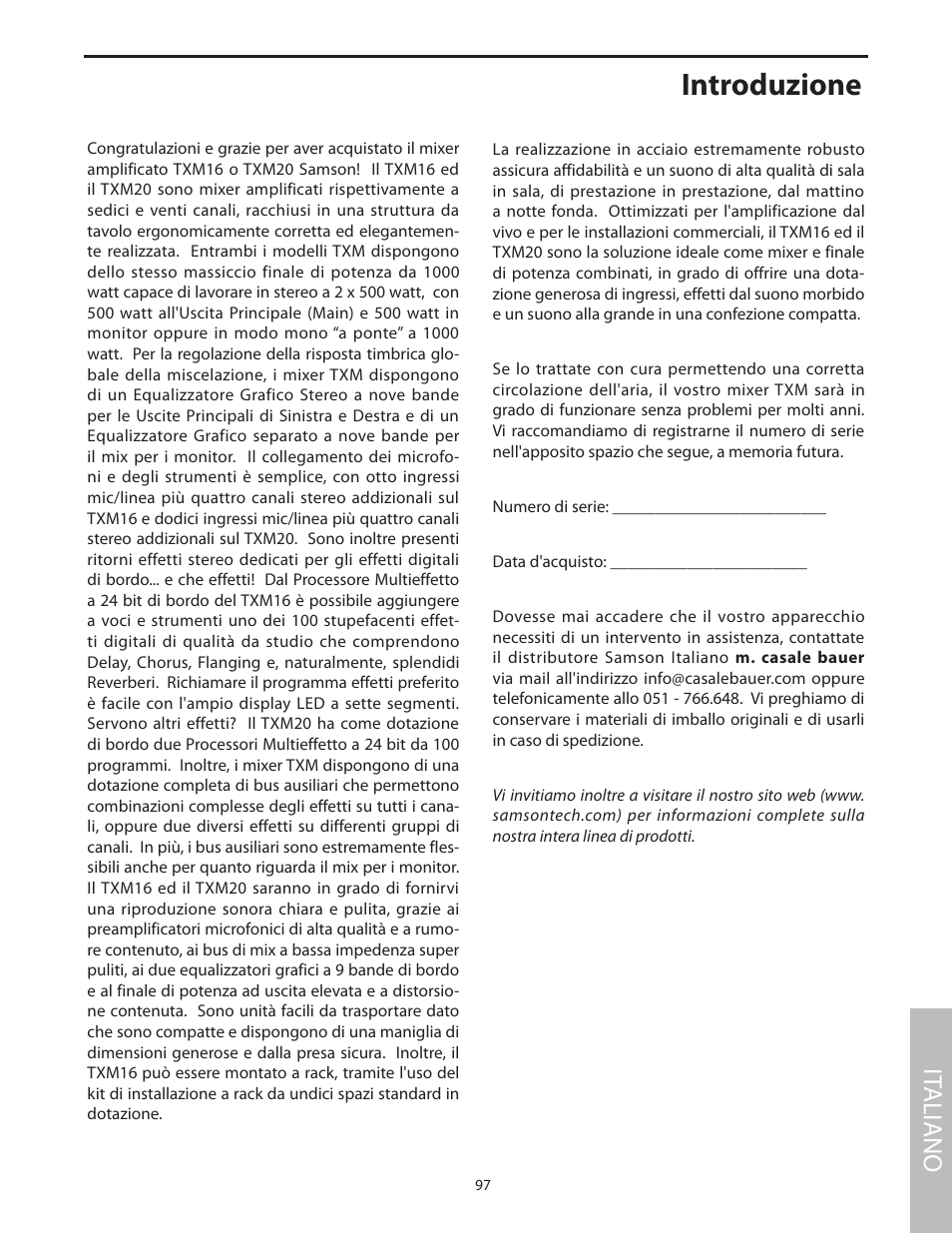 Italiano, Introduzione, It aliano | Samson Txm16 User Manual | Page 101 / 132