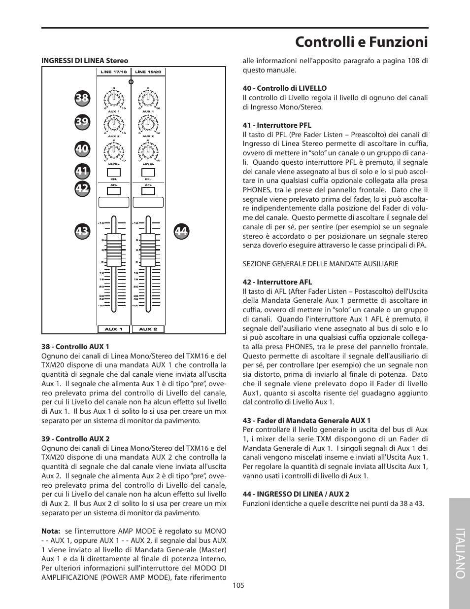 Sezione generale delle mandate ausiliarie, Ingressi di linea stereo, Controlli e funzioni | It aliano | Samson Txm16 User Manual | Page 109 / 132