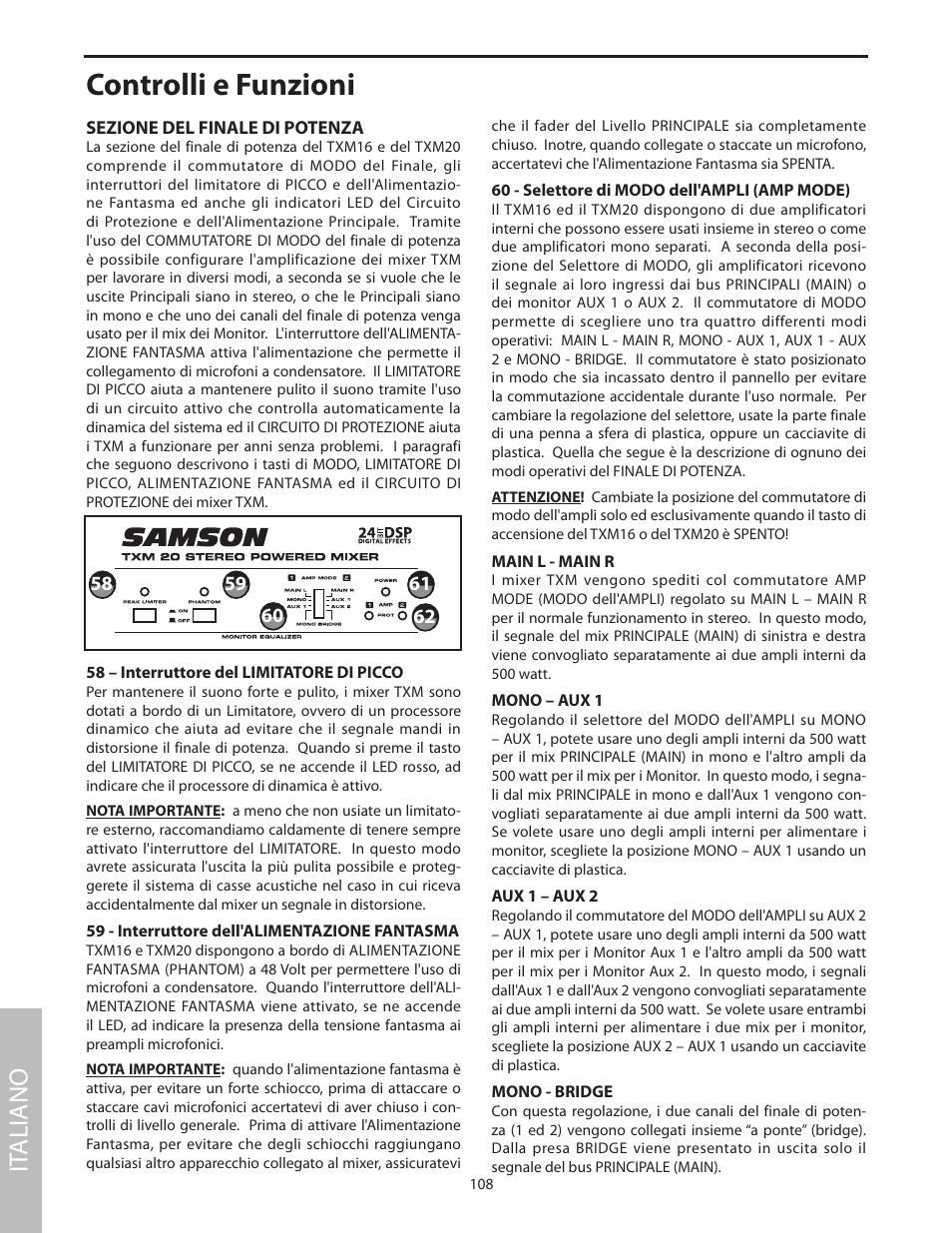 Controlli e funzioni, It aliano | Samson Txm16 User Manual | Page 112 / 132