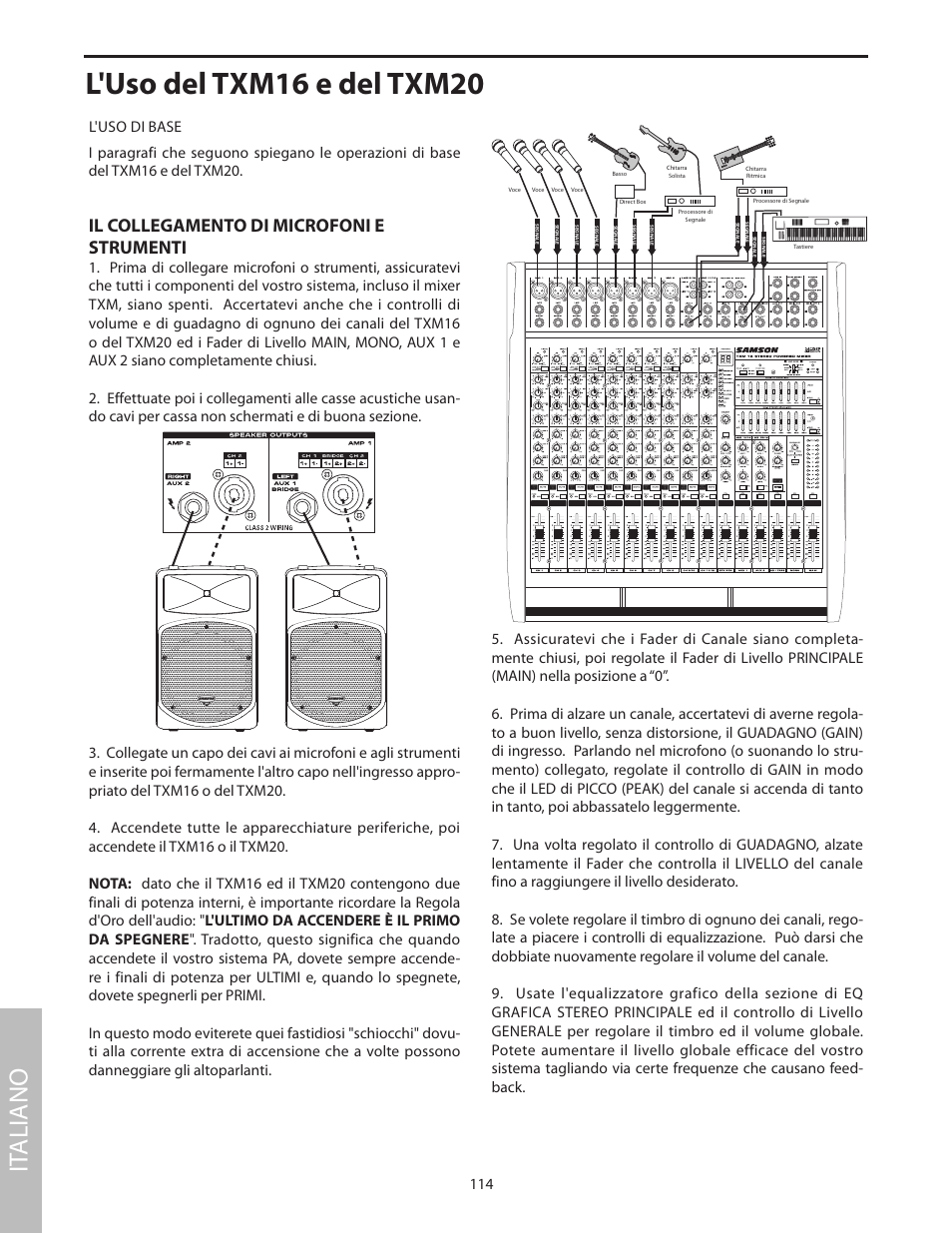 L'uso del txm16 e del txm20, It aliano, Il collegamento di microfoni e strumenti | Samson Txm16 User Manual | Page 118 / 132